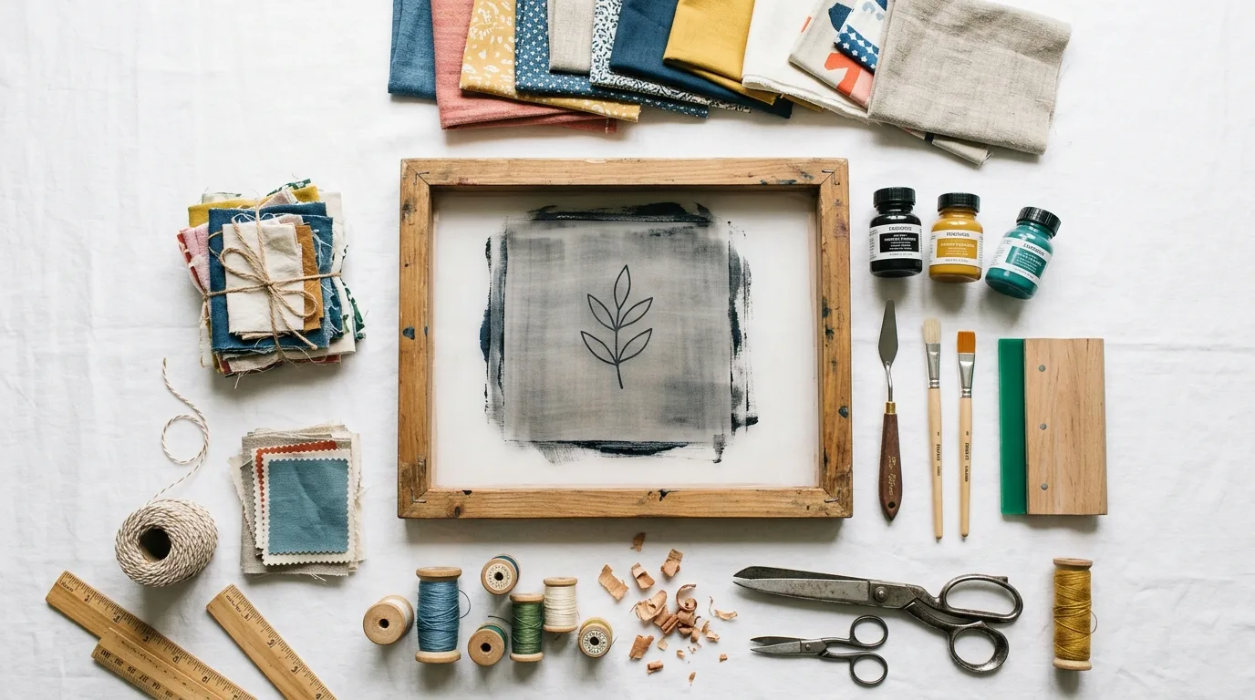 Craft materials laid out on a DIY workshop table
